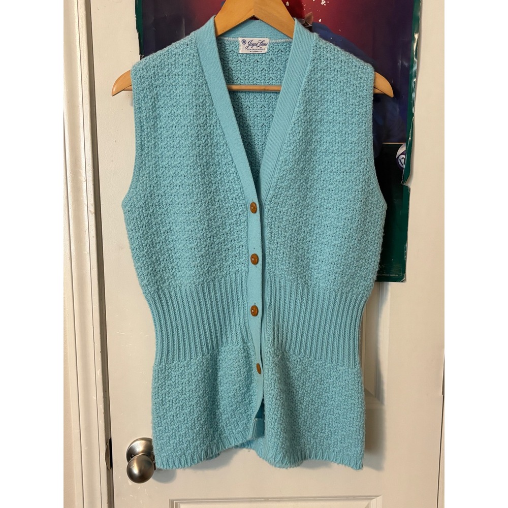 Vintage Joyce Lane Blue Knit Sweater Vest Button Front Ribbed Waist Orlon S/M